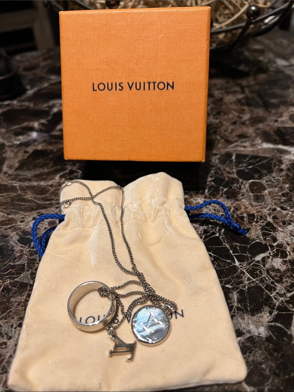 Louis Vuitton Silver Monogram Disc and LV Charm Necklace